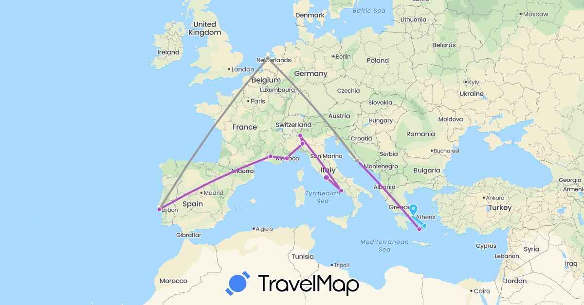 TravelMap itinerary: driving, plane, train, boat in France, Greece, Croatia, Italy, Netherlands, Portugal (Europe)